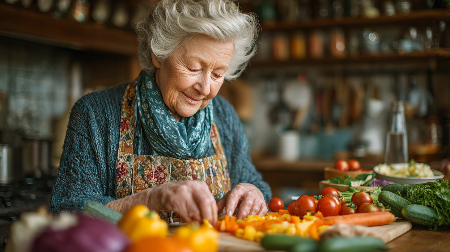 Mária a konyhájában friss zöldségekkel